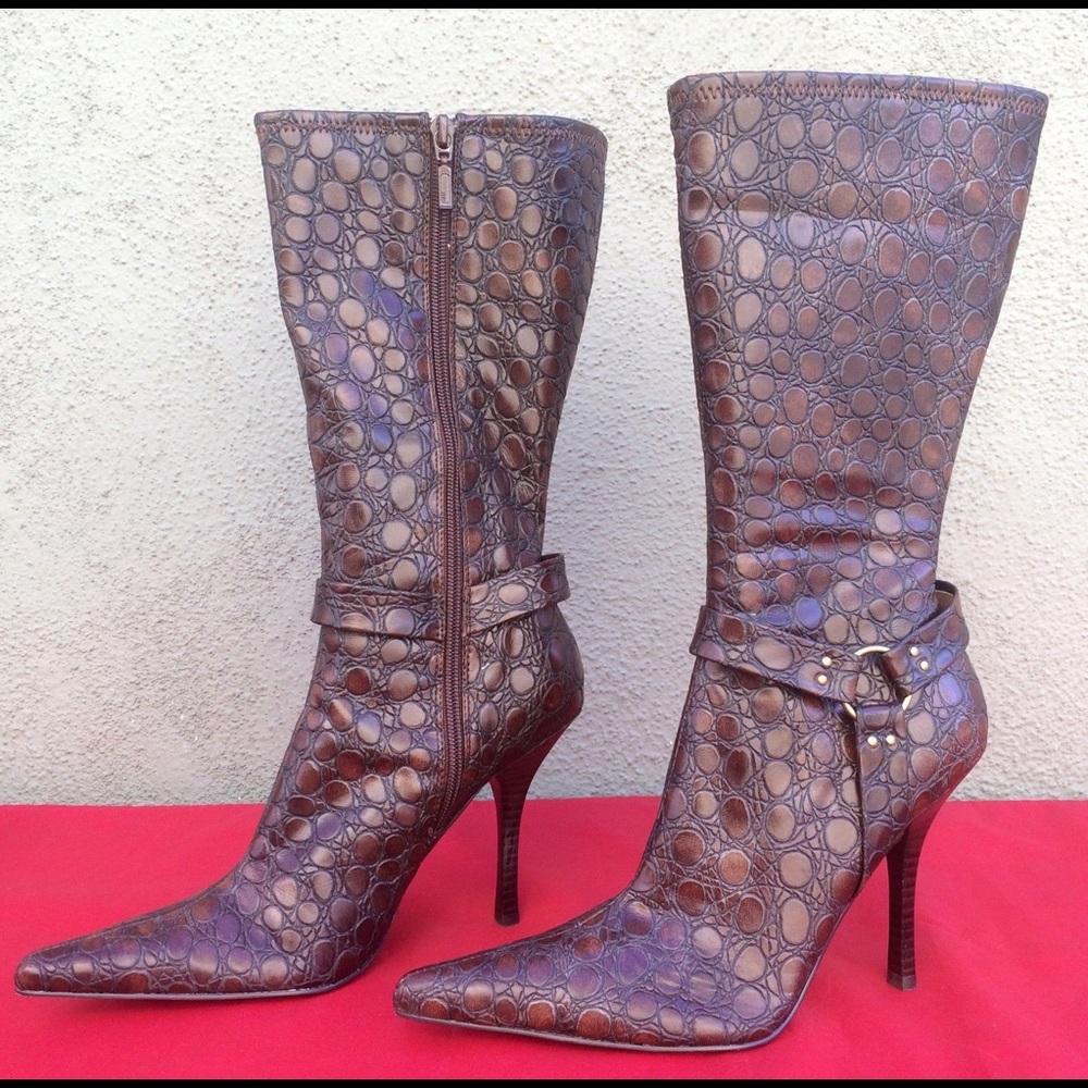 ZINC Brown Faux Leather Pointy Toe Stiletto Boots